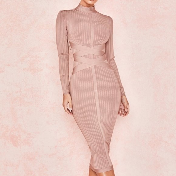 House Of CB Carrera Mink Cross Strap Ribbed Bandage Dress, Size MED - Picture 1 of 11